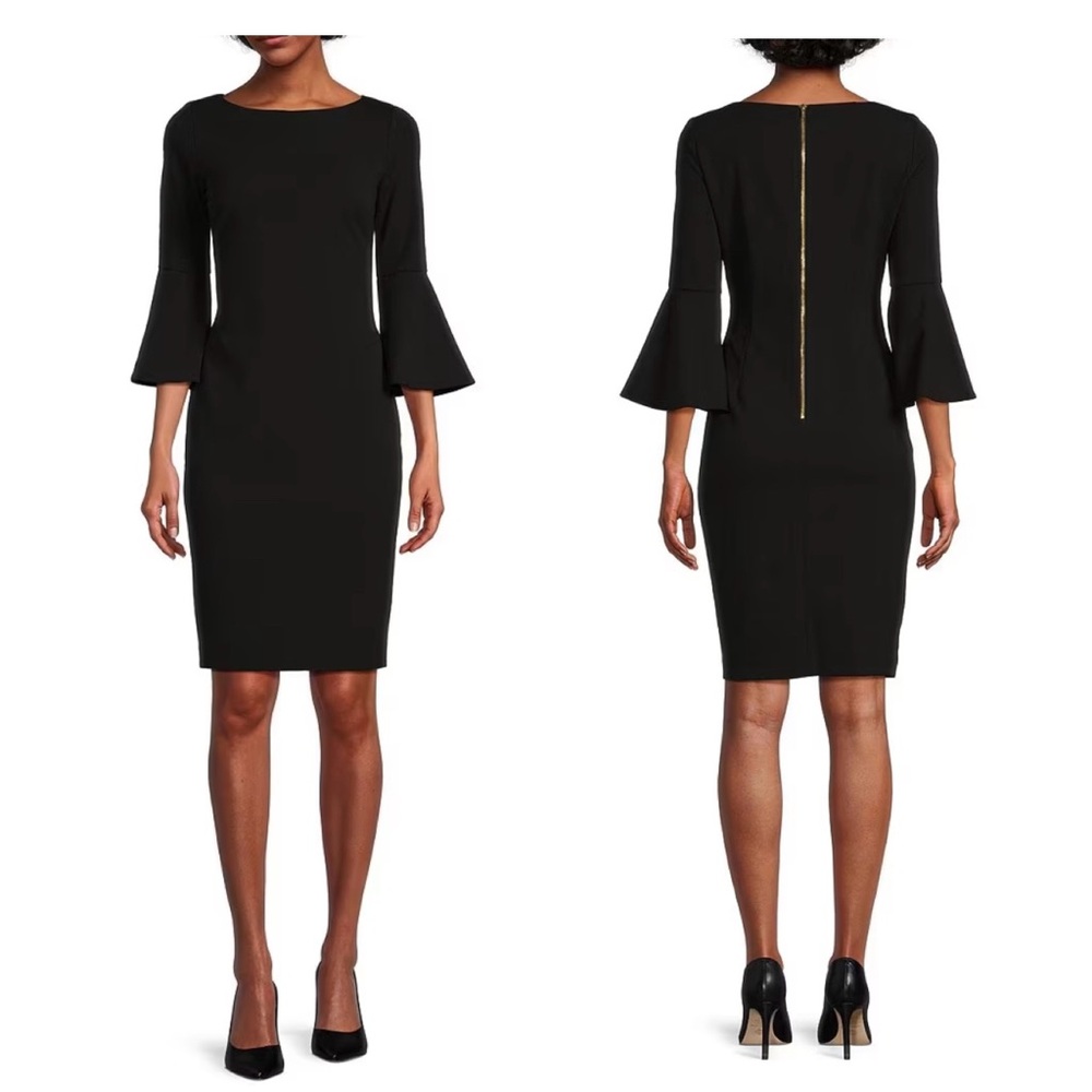 Calvin Klein 3/4 Bell Sleeve Boat Neck Sheath Dress - Black (6)